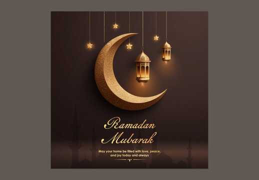 Editable Ramadan Mubarak Greeting Post with Golden Crescent Moon, Stars and Arabic Lamps Hang on Silhouette Mosque Dark Background for Social Media.