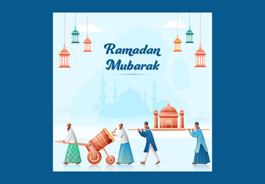 Editable Ramadan Mubarak Greeting Post with Traditional Drummer Procession and Arabic Lamps Hang on Silhouette Mosque Blue Background for Social Media.