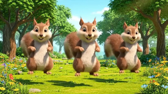Three animated squirrels dancing joyfully in a sunny forest clearing, surrounded by blooming flowers and lush trees