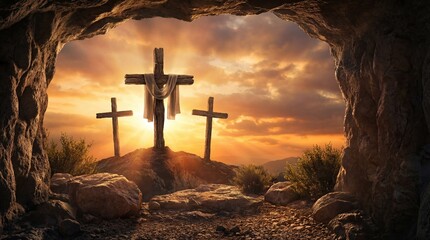 Three wooden crosses stand on rocky terrain at sunrise, illuminated by golden light, framed by a cave entrance, showcasing the spiritual significance and natural beauty of the scene