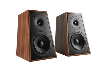 Fototapeta premium Pair of wooden bookshelf speakers with black cones and baffles in a frontal view