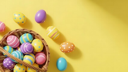 Easter eggs in a basket on yellow background springtime holiday celebration