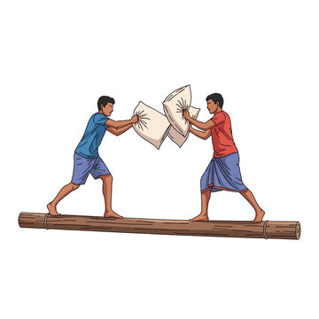Energetic boys engage in a lively sinhala traditional awurudu sri lanka pillow fight game, balancing on a log during festive celebrations
