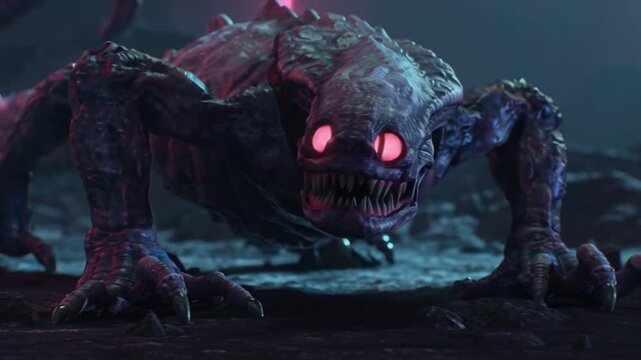 Cinematic 4K video grotesque alien creature emerging glowing mist, dozens of twitching eyes, organic slimy skin, bioluminescent reflections, abandoned futuristic laboratory environment neon volumetric