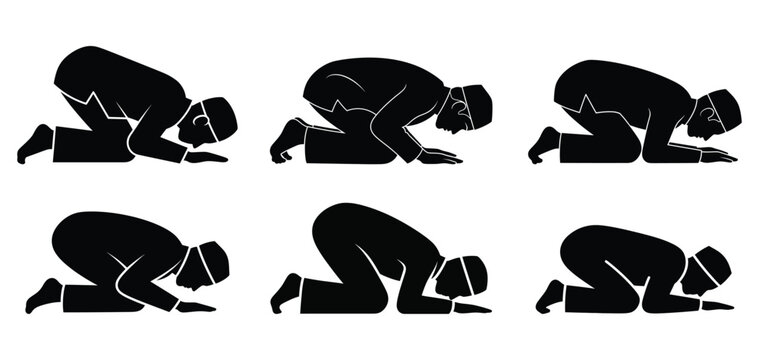 Set of muslim person praying while prostrating silhouette vector