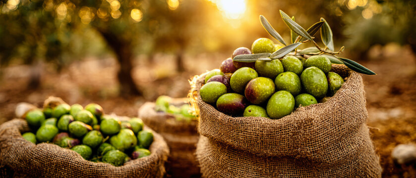 A jute sack filled with green olives sits at sunset, surrounded by other sacks and olive trees, capturing the warm tones of the scene