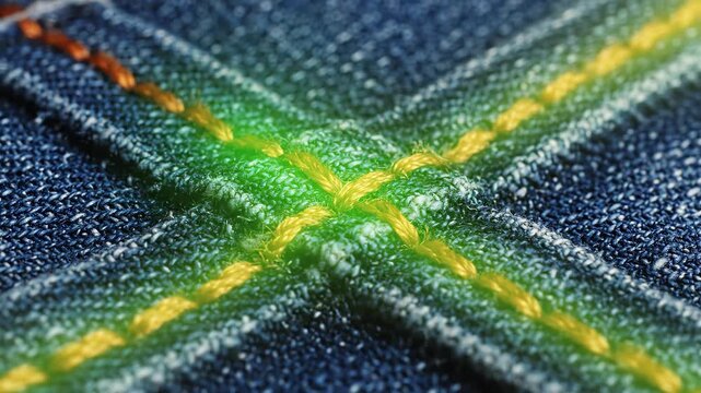 Closeup of denim fabric with orange stitching