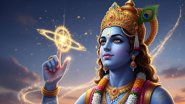 Krishna blessing with glowing sudarshan chakra spinning at fingertip with divine cosmic light aura showing hindu devotion peace faith spirituality and ancient culture inspiration