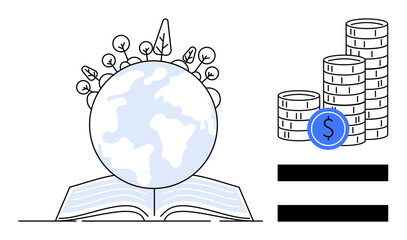 Earth with plants atop an open book beside stacked coins and equality bars. Ideal for sustainability, education, environmental investment, balanced growth, economy, equality, learning. A simple flat