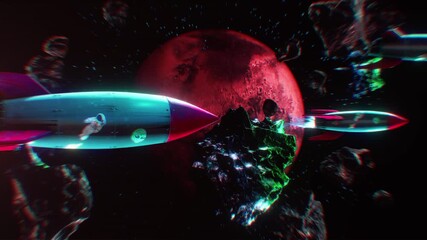 A cool abstract space themed background with rocket flying amongst other fun visual details including planets and floating asteroids.
