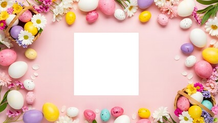 Easter eggs and flowers pink background blank card