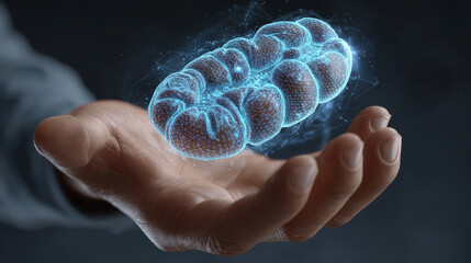 Mitochondria concept ,Hologram mitochondrion hand futuristic blue science technology digital projection biology