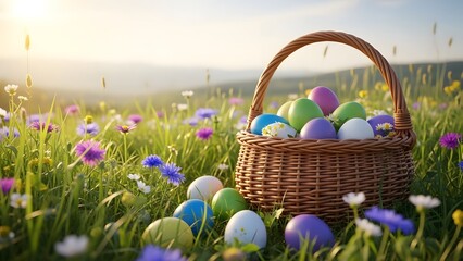 Easter eggs in a basket on a colorful flower field springtime easter celebration