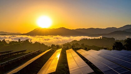 Renewable Energy Concept: Solar panels aligned toward rising sun
