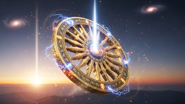 Sudarshan chakra spinning in divine cosmic sky with glowing energy light orbit and ancient sacred symbols rising above horizon showing power protection dharma and spiritual force in india