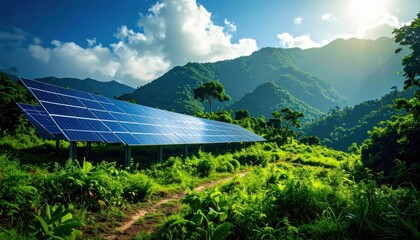 Clean Power Concept: Photovoltaic array surrounded by greenery
