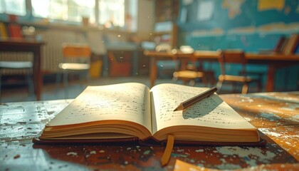 Creative Expression Concept: Writing journal open with handwritten notes on desk
