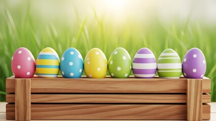 Easter eggs in a wooden box on a sunny day