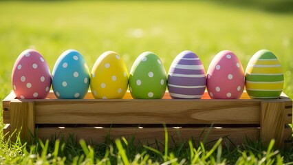 Vibrant easter eggs in a wooden crate on a sunny lawn