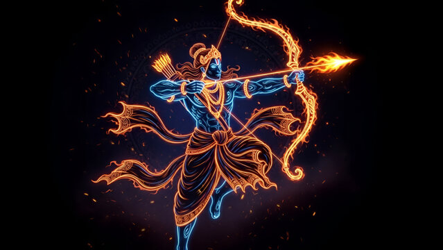 Dynamic glowing illustration showing divine warrior lord rama releasing flaming arrow with power grace and courage symbolizing protection devotion and spiritual faith during sacred ram navami celebrat