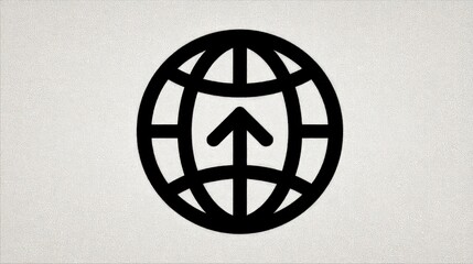 A simple black graphic of a globe with a large arrow pointing upwards
