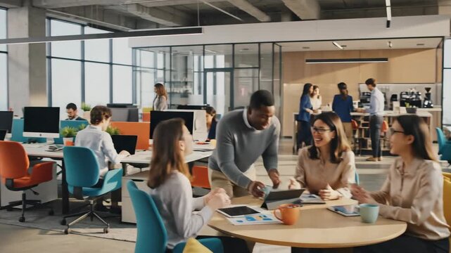 Modern open office space with vibrant furniture and workstations, featuring comfortable seating and a collaborative environment. video
