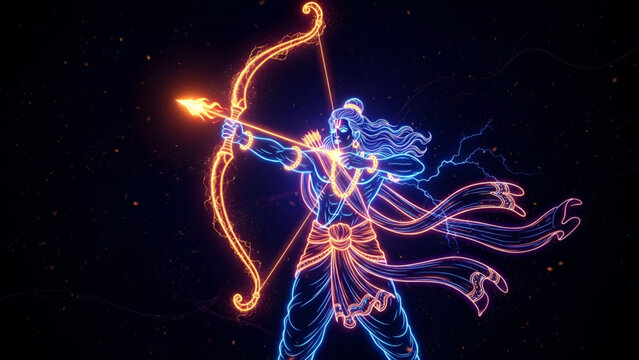 Cosmic neon illustration of lord ram aiming blazing arrow with divine bow showing courage duty and victory of dharma glowing energy aura symbolizing devotion spirit culture faith for ram navami