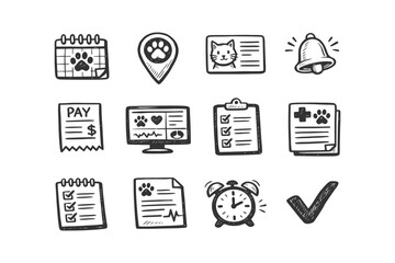 Pet care icons: calendar, id, cat, bell, invoice, computer, checklist, veterinary, alarm, checkmark.