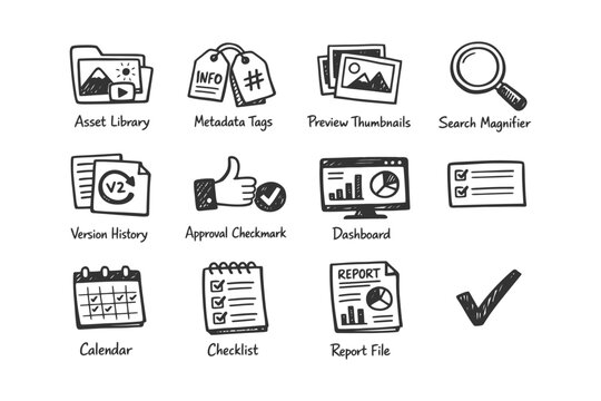 Hand-drawn digital media and organization icons including calendar, checklist, and report file.