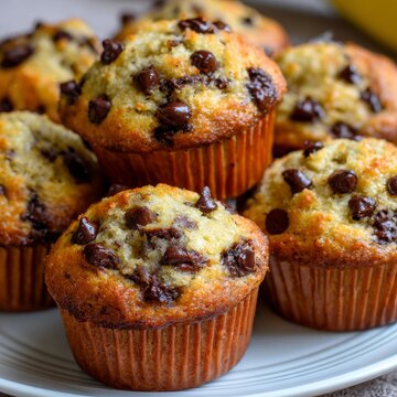 Delicious freshly baked banana chocolate chip muffin on plate. Appetizing dessert for breakfast, snack, bake sale. Homemade sweet pastry.