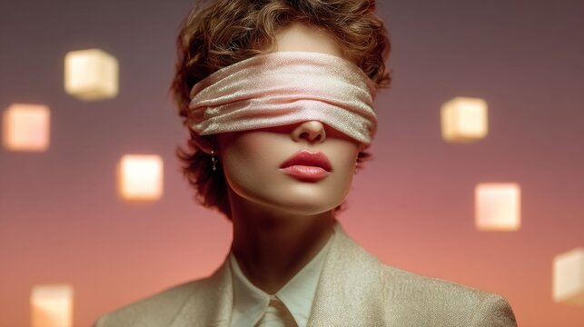 Woman blindfolded for a conceptual image. Blind belief and uncertainty. Metaphor for ignorance, risk, or being led astray. Lack of foresight.