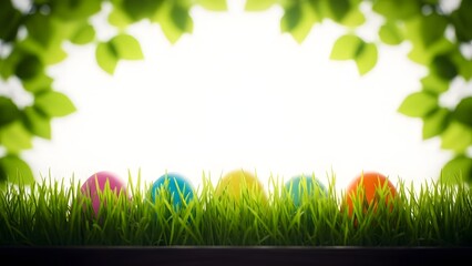 Easter eggs in grass with green leaves arch springtime holiday concept