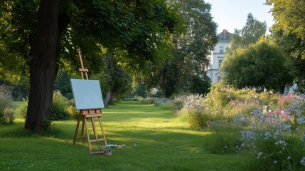 Easel with a blank canvas and art supplies sitting on green grass in a public park, inviting creativity and imagination amidst the natural beauty of trees, blooming flowers, and a distant building