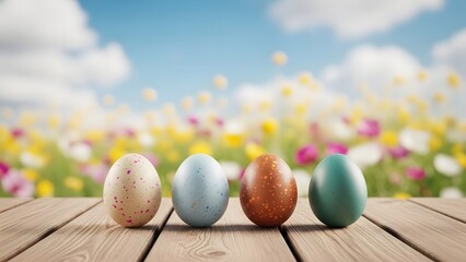 Easter eggs in spring floral garden on wooden table