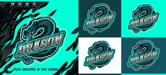 Powerful dragon mascot logo design e-sports gaming emblem teal black mythical creature shield badge editable template. Vector illustration.