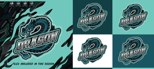 Powerful dragon mascot logo design e-sports gaming emblem teal black mythical creature shield badge editable template. Vector illustration.