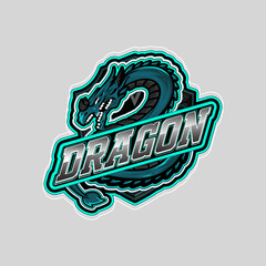 Powerful dragon mascot logo design e-sports gaming emblem teal black mythical creature shield badge editable template. Vector illustration.