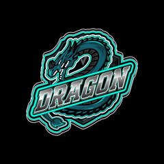 Powerful dragon mascot logo design e-sports gaming emblem teal black mythical creature shield badge editable template. Vector illustration.