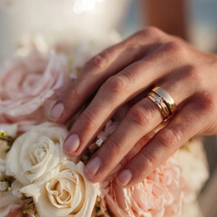 A close-up to the hand of his bride wearing a wedding ring, her hands on a bouquet of roses