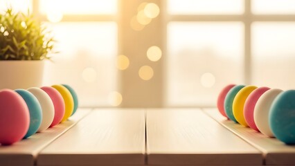 Easter eggs on a table by the window on easter day