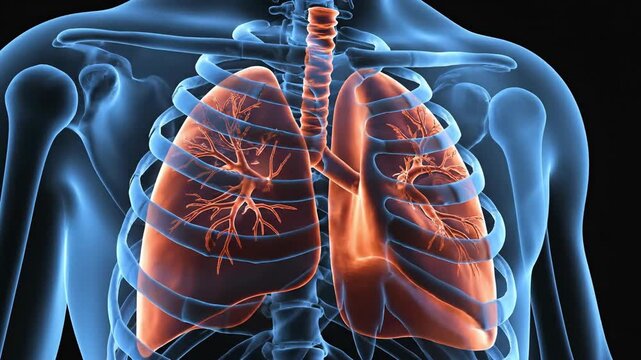 Medical illustration of human respiratory system and thoracic cavity