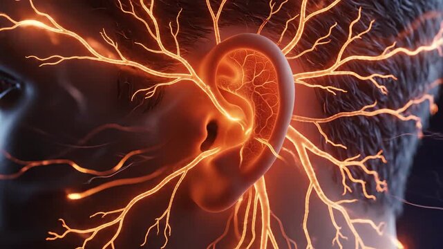 Artistic depiction of human ear with glowing nerves in a dark environment