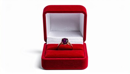 &ldquo;Red velvet ring box white interior gold ring purple gemstone luxury romance special occasion&rdquo;