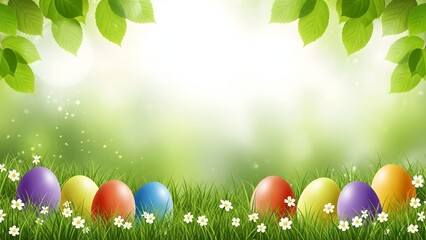 Easter eggs in grass with flowers and leaves springtime holiday concept
