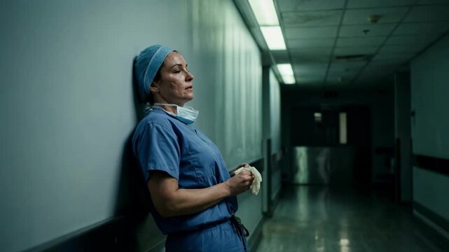 Exhausted female nurse leaning against a wall in a hospital corridor. Tired doctor holding gloves with mask down after a long shift. Medical burnout and healthcare stress concept