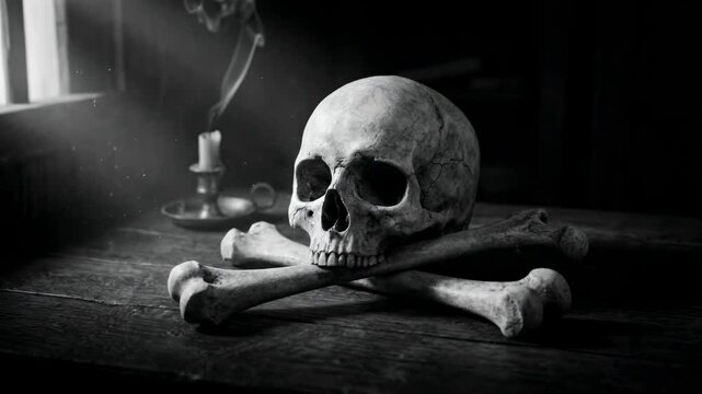 Human skull and crossbones resting on a wooden table in a dark room. Black and white footage of a gothic scene with candle smoke and dust in a light beam. Pirate symbol and memento mori concept