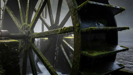 Close-up of a mossy wooden watermill wheel with flowing water