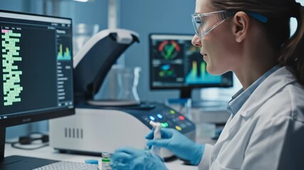 Scientist in lab handling green liquid - Powered by Adobe