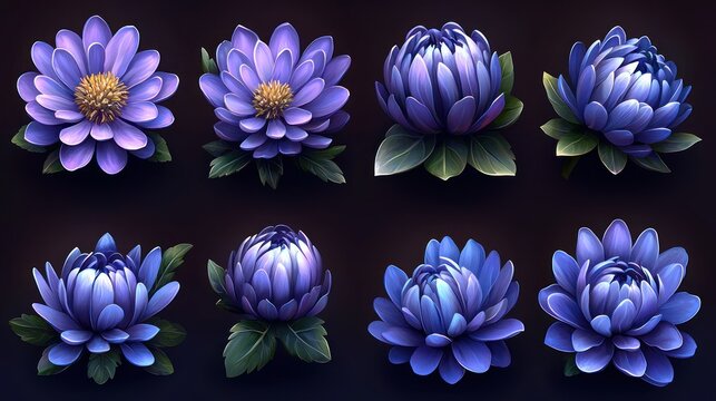 Digital depiction of eight vibrant blue chrysanthemum flowers with varying bloom stages against dark background