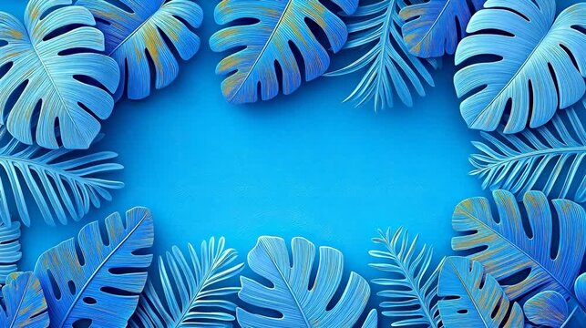 Blue tropical leaves on blue background
